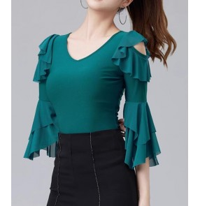 Green ruffles ballroom latin dance shirts for women girls waltz tango chacha practice dancing tops for female